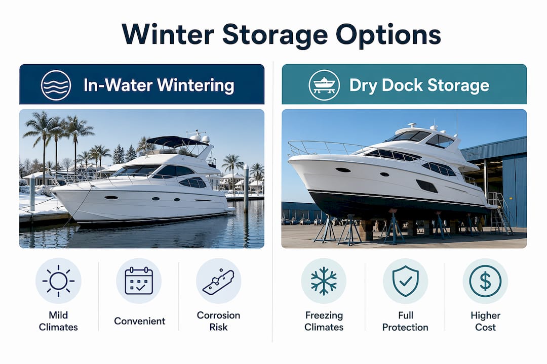 Infographic comparing in-water and dry dock yacht winter storage