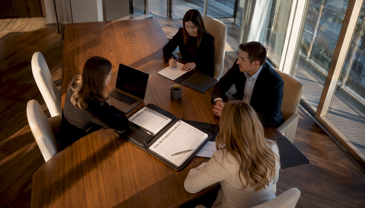 Over-the-shoulder view of luxury checklist on walnut desk