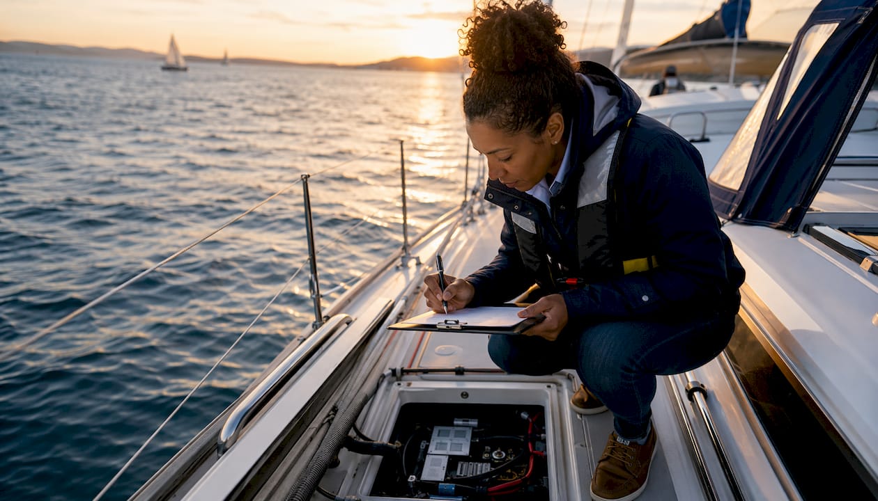 Marine surveyor inspecting yacht during sea trial
