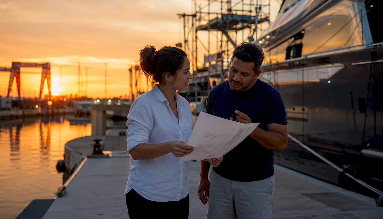 Professionals discussing yacht conversion at marina
