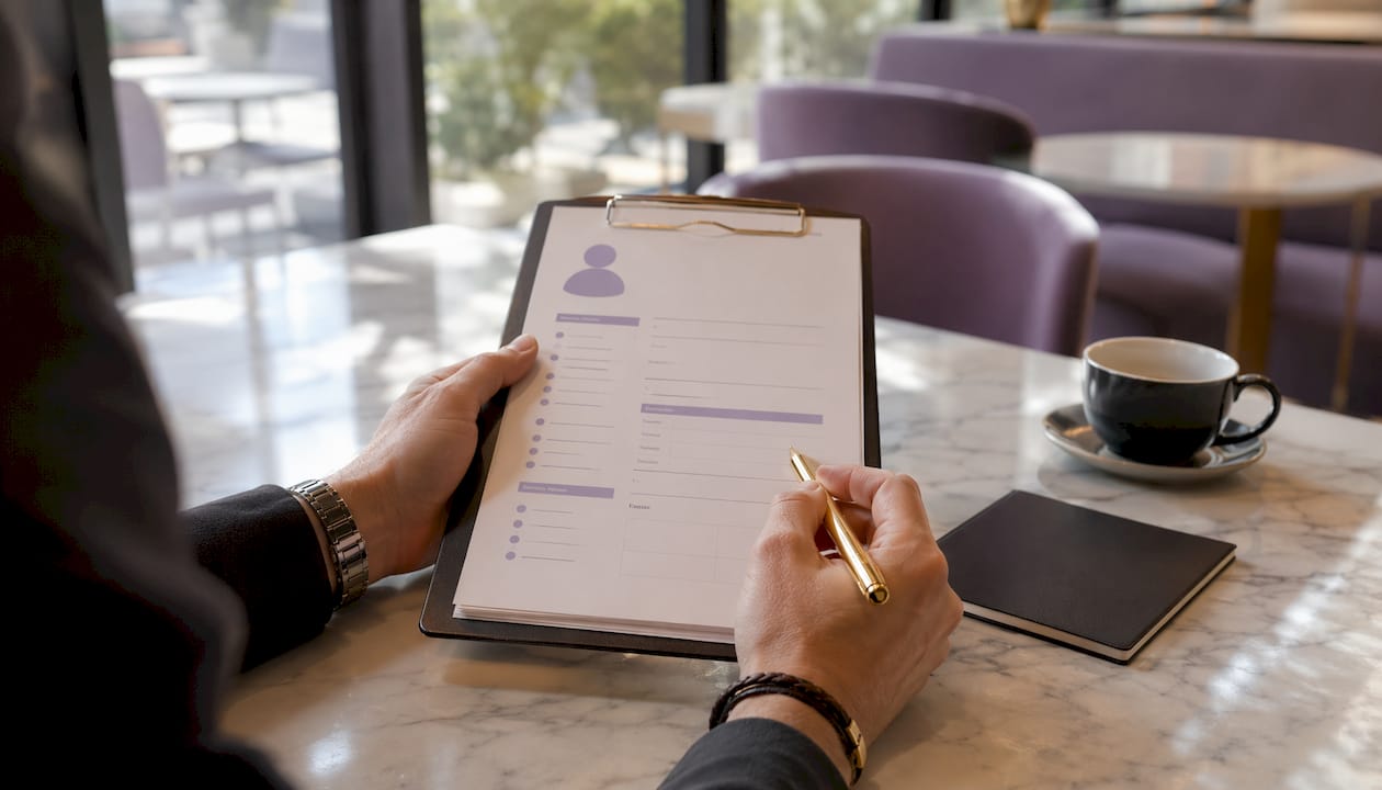 Hands reviewing lead profile sheets on clipboard