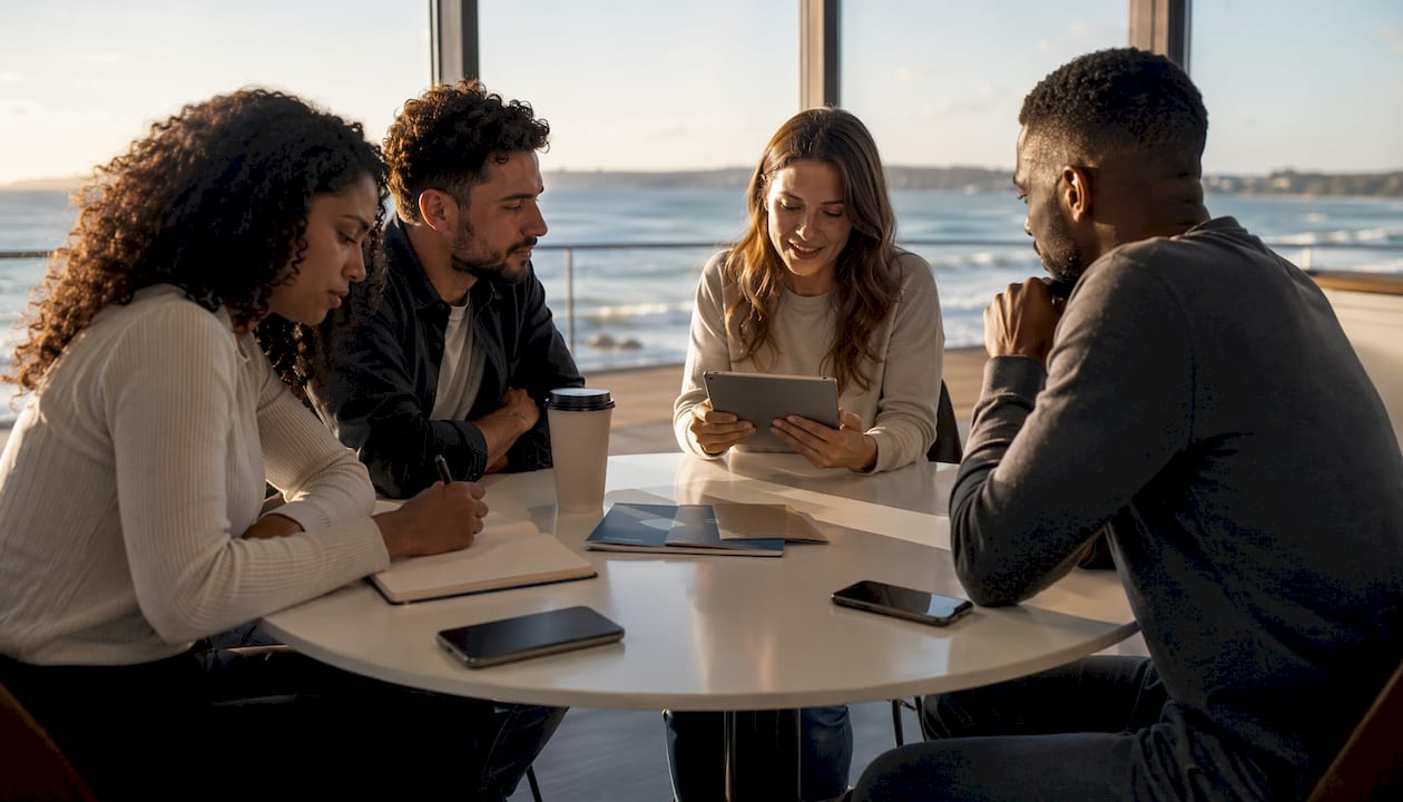 Marketing team planning luxury yacht campaigns in boardroom