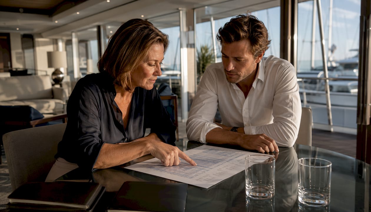 Two brokers discussing superyacht valuation at table