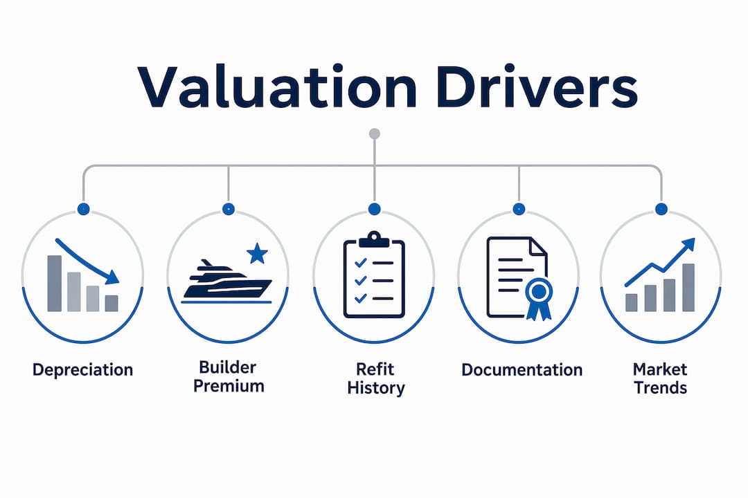 Infographic illustrating key superyacht valuation drivers