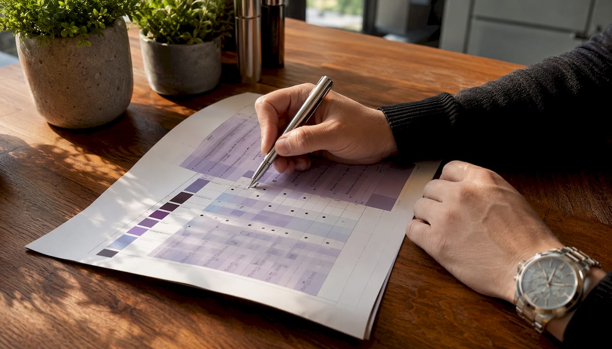 Hands reviewing printed lead qualification frameworks