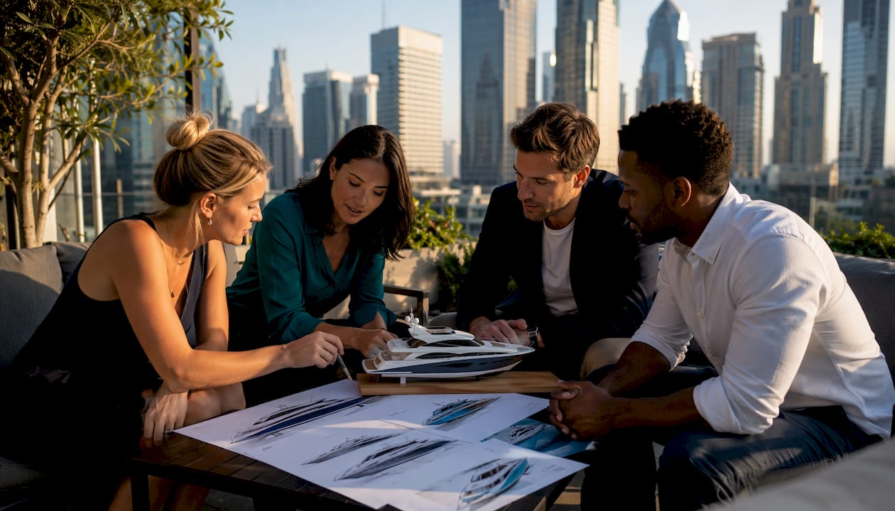 Team discussing custom yacht design project