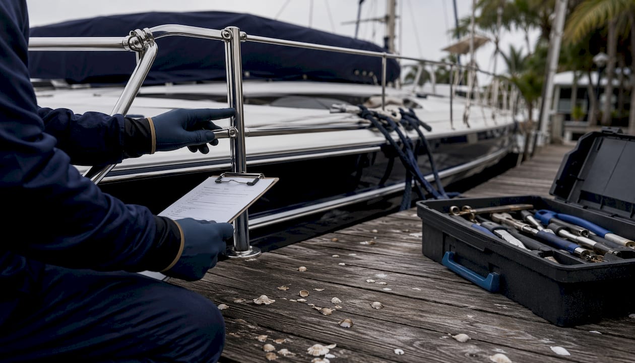 Hands inspecting yacht railing on Florida dock