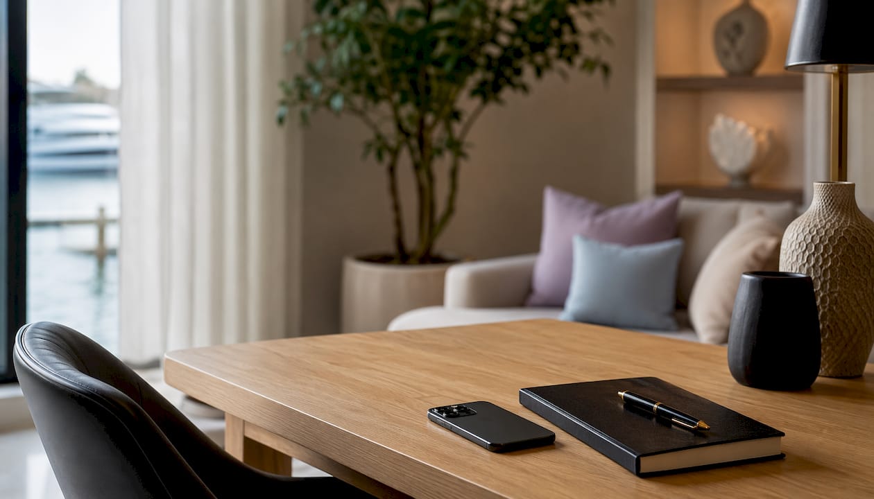 Luxury home desk with smartphone and journal for social selling