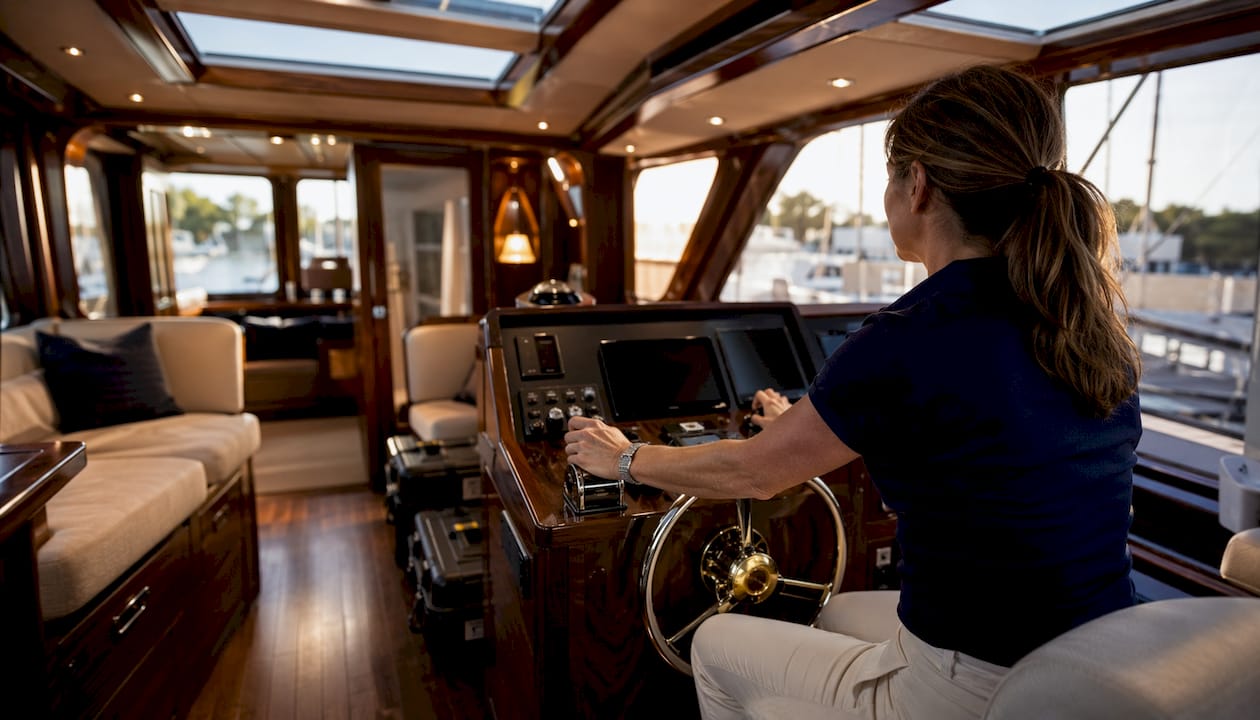 Female captain at helm inside Tribute 63 yacht