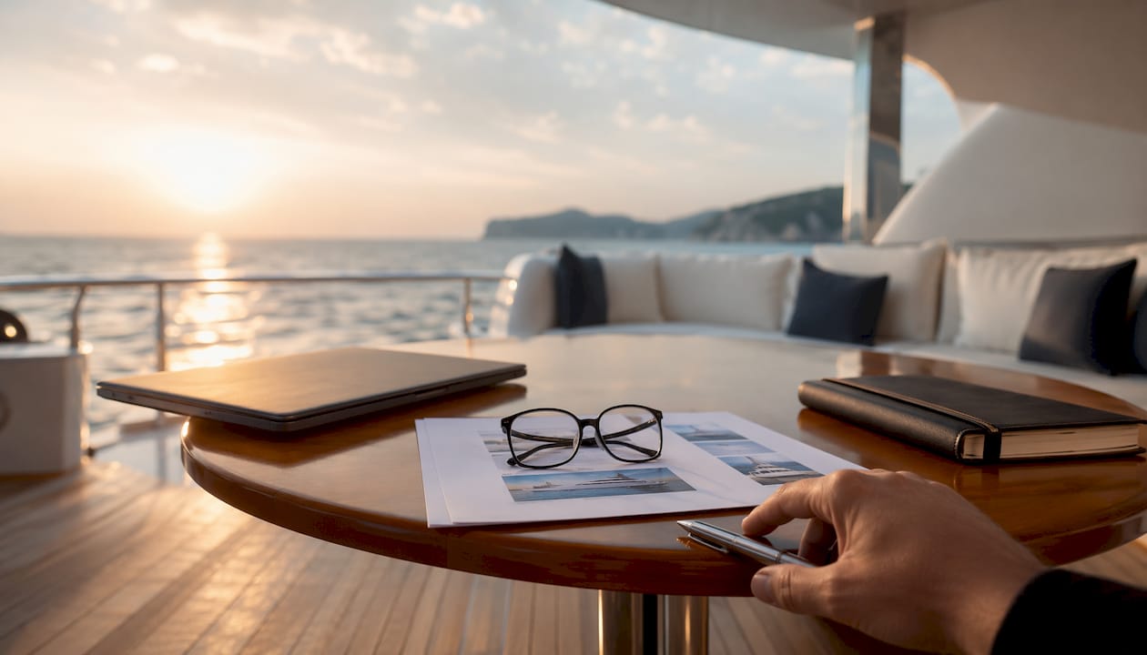 Close-up of hand and luxury document in yacht cabin