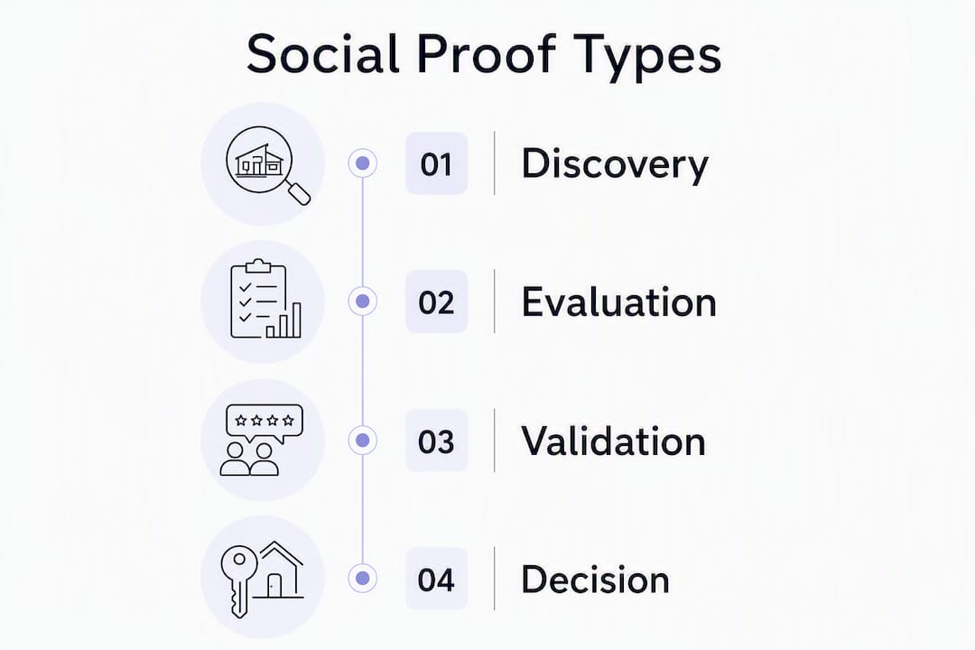 Infographic illustrating social proof types and buyer stages in luxury sales