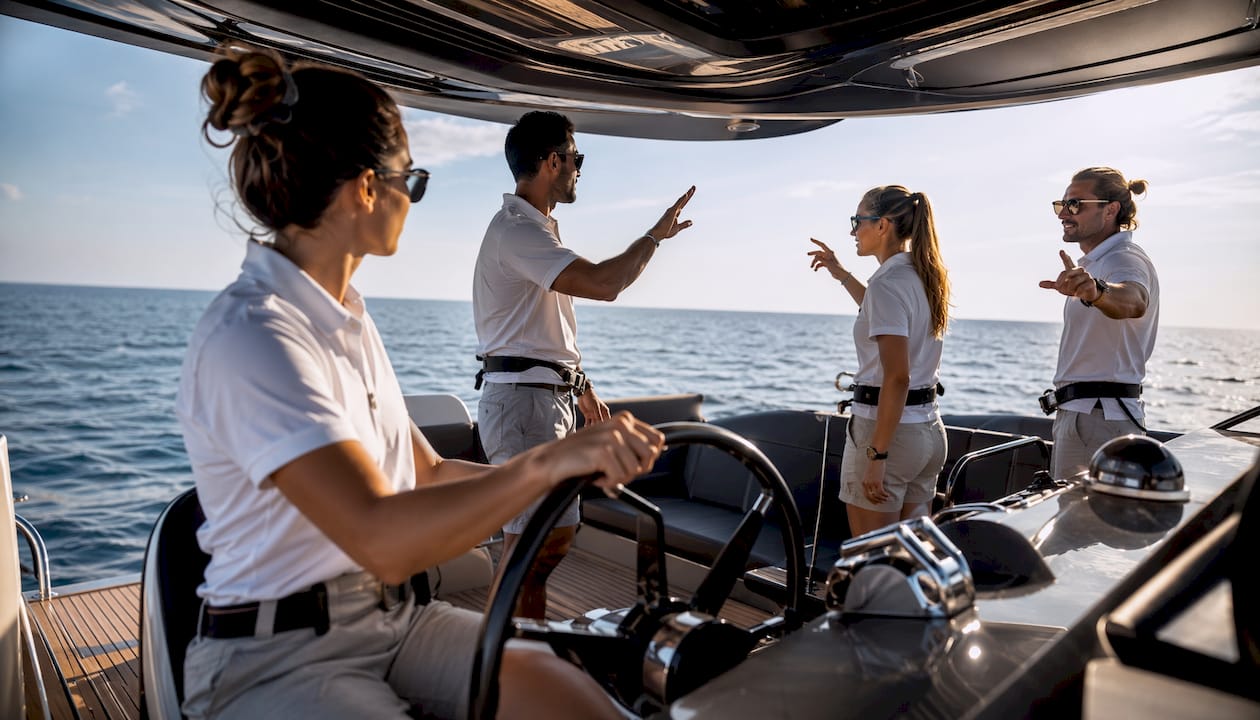 Diverse crew actively navigating motor yacht