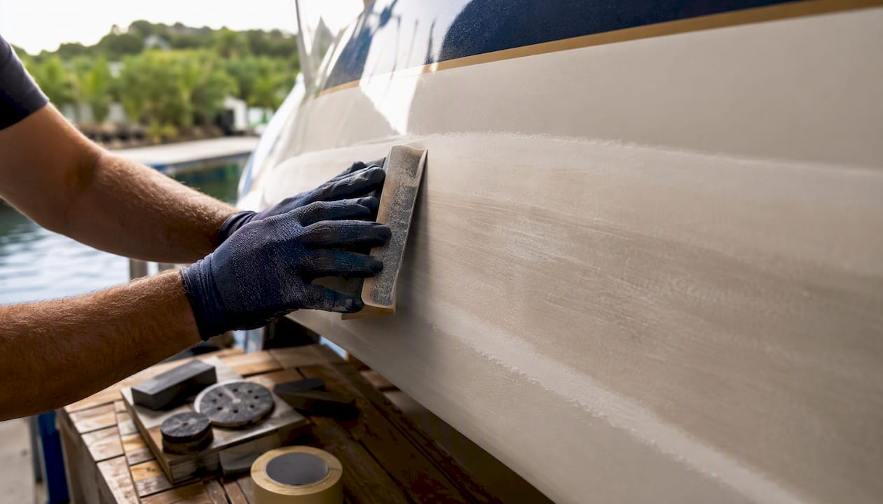 Hands sanding fiberglass with taper grinding pattern