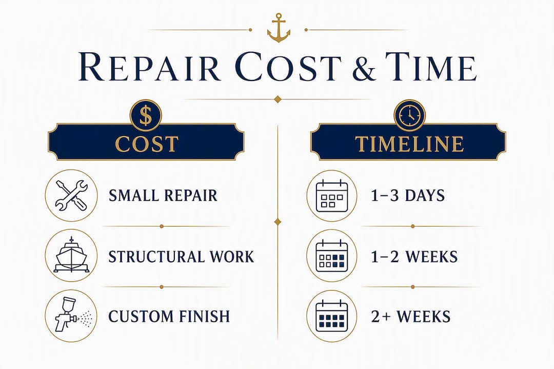Infographic comparing fiberglass repair costs and timelines