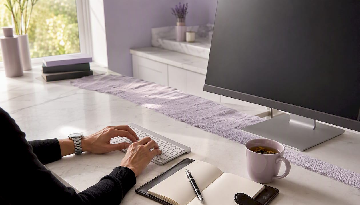 Hands typing on keyboard in elegant home office
