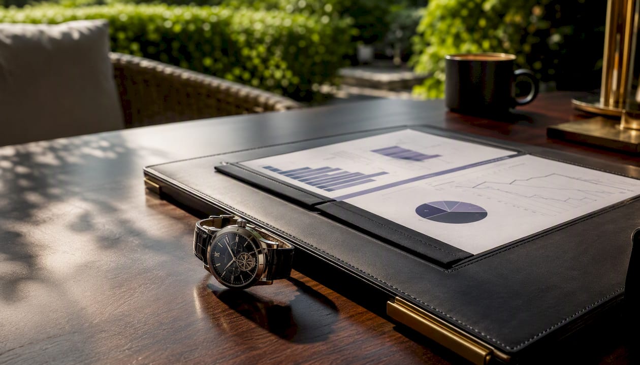 Close-up of wristwatch and documents on luxury table