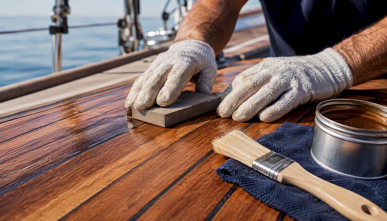 Hands sanding teak wood on yacht deck
