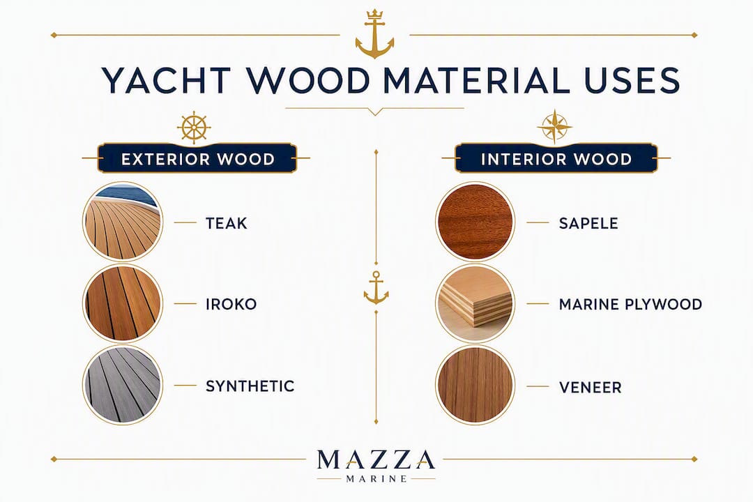 Infographic comparing yacht exterior and interior wood materials