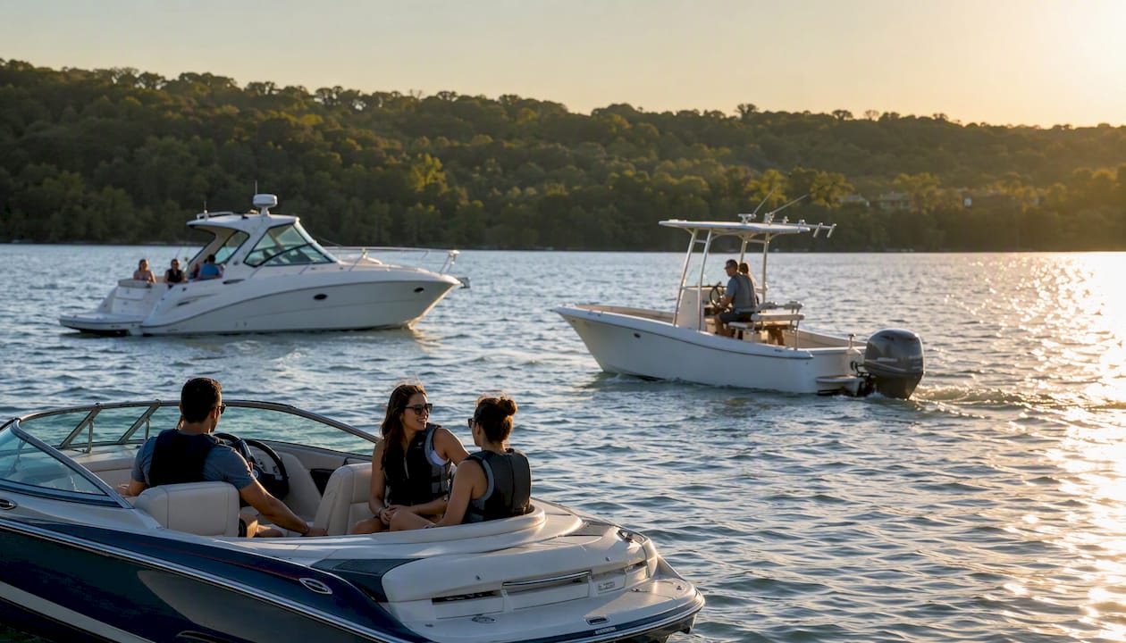 Variety of powerboats cruising on sunny lake