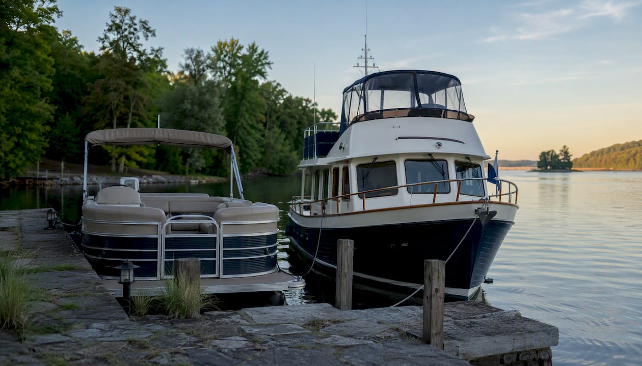 Pontoon and trawler boats side by side at dock