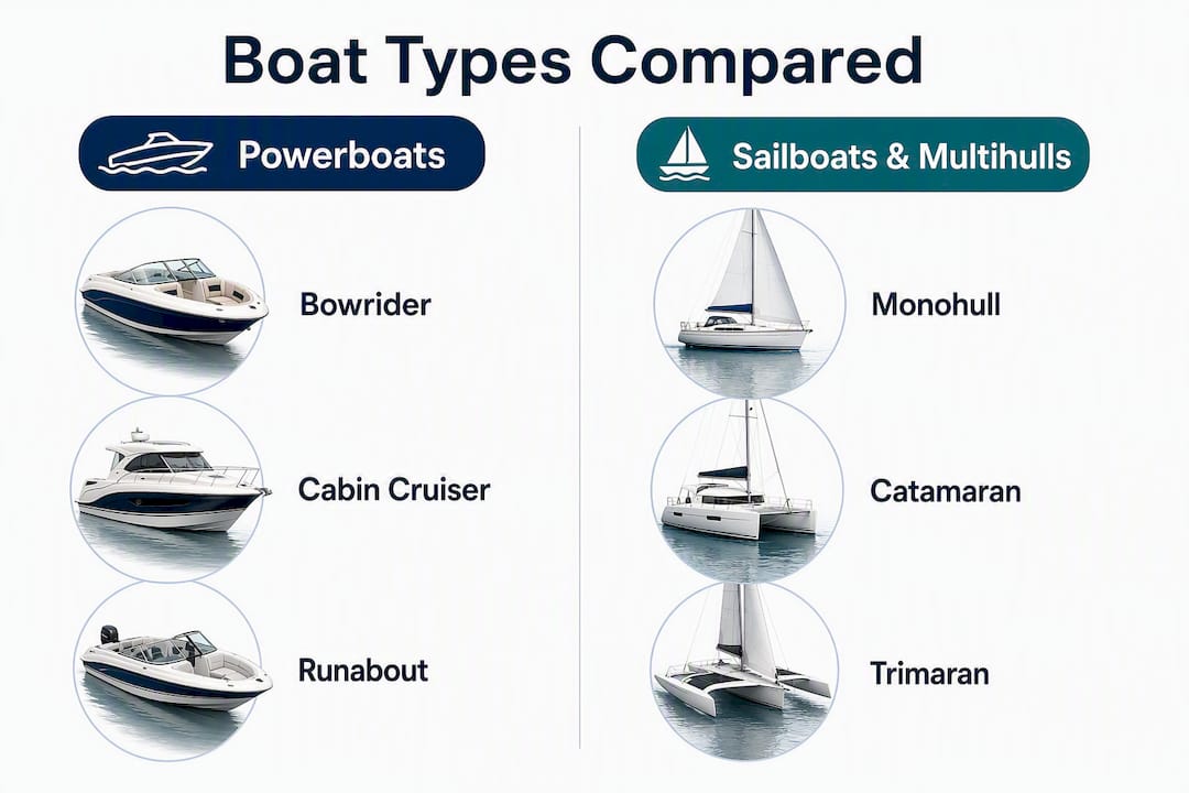 Infographic comparing powerboats and sailboats categories