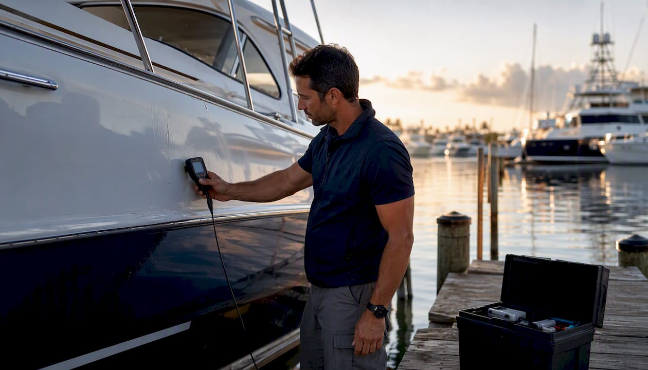 Marine surveyor inspecting sport fishing boat hull