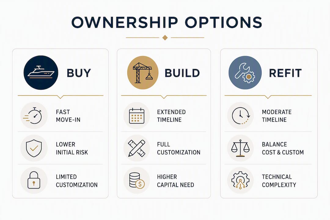 Infographic comparing buy, build, and refit yacht ownership