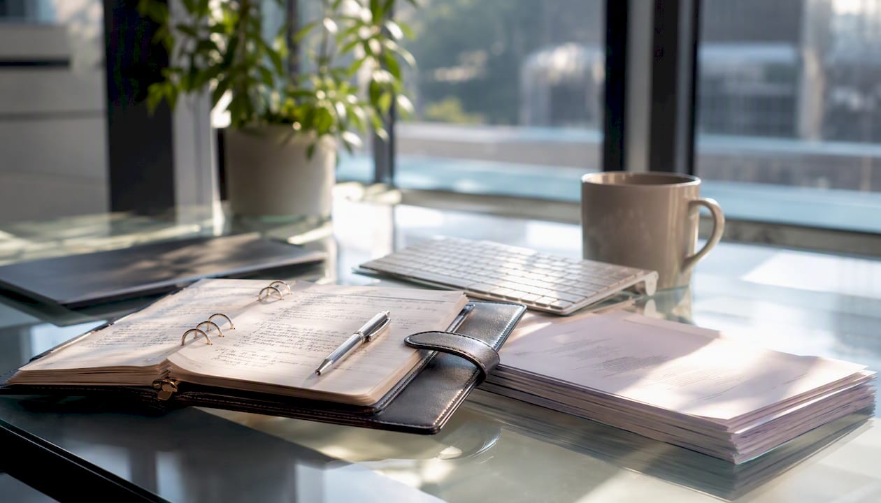Workspace with printed email templates and planner