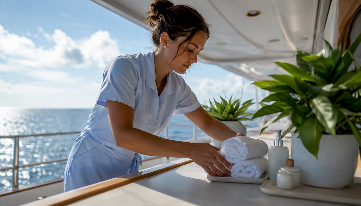Spa consultant setting up yacht wellness area