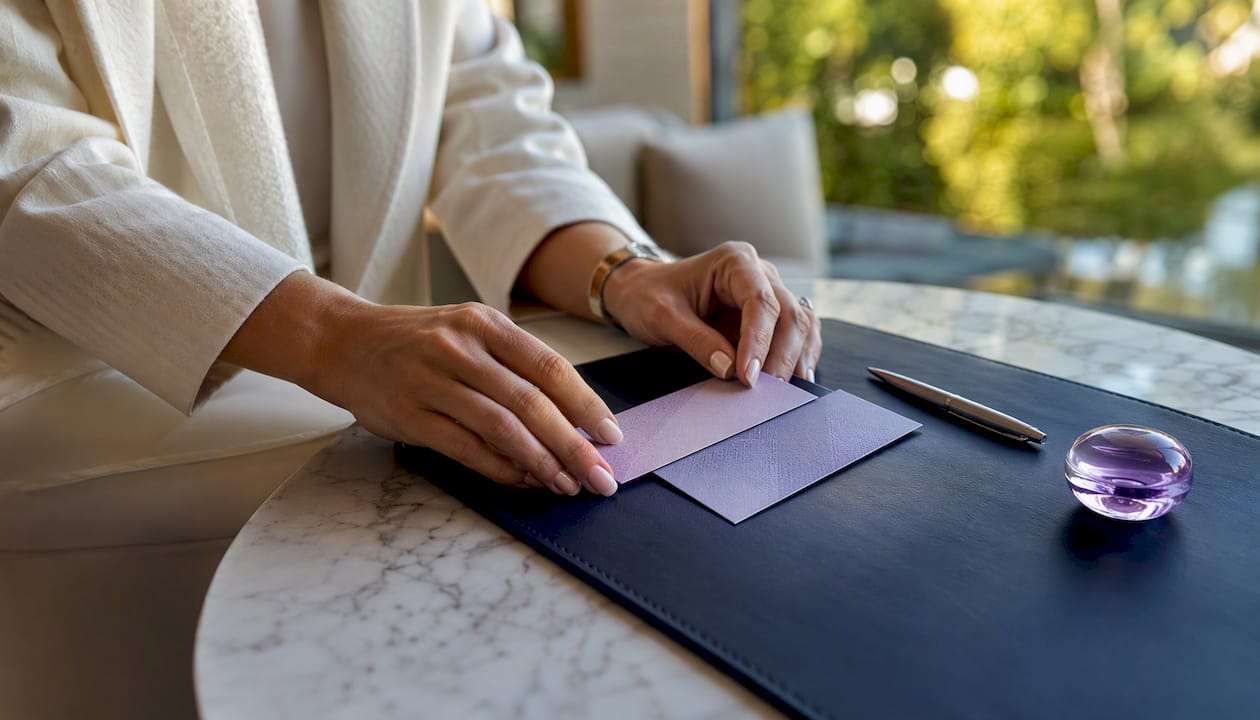 Hands placing two referral reward cards