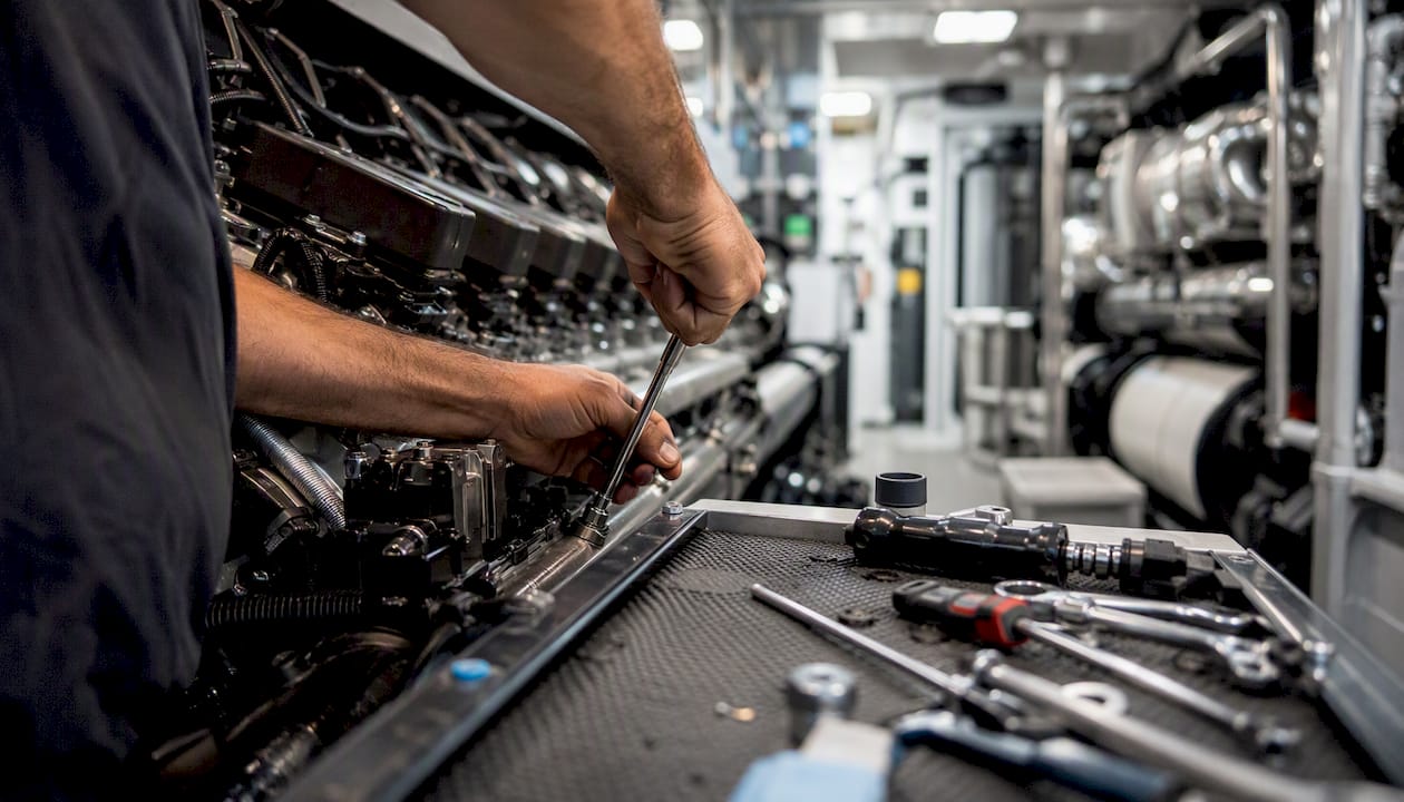 Engineer hands working on yacht engine components