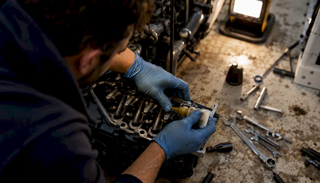 Hands servicing marine diesel engine component