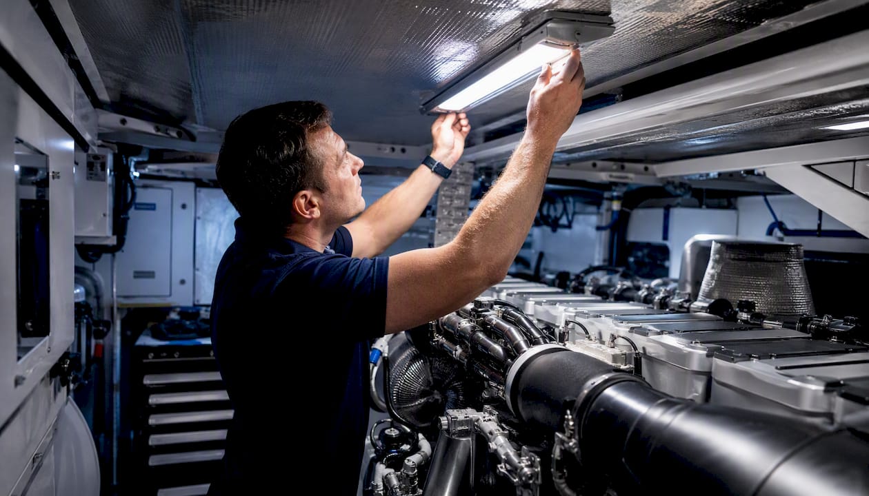 Technician installing LED fixture in engine room