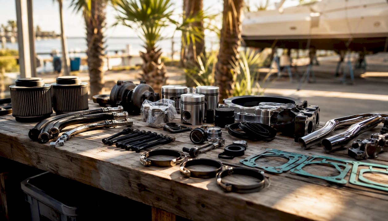 Organized marine diesel engine parts on workbench