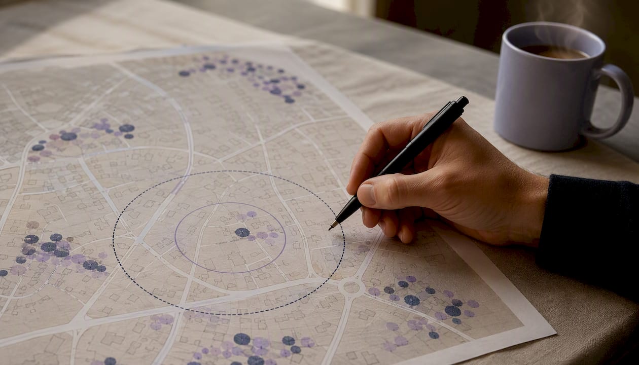 Neighborhood map with radius targeting