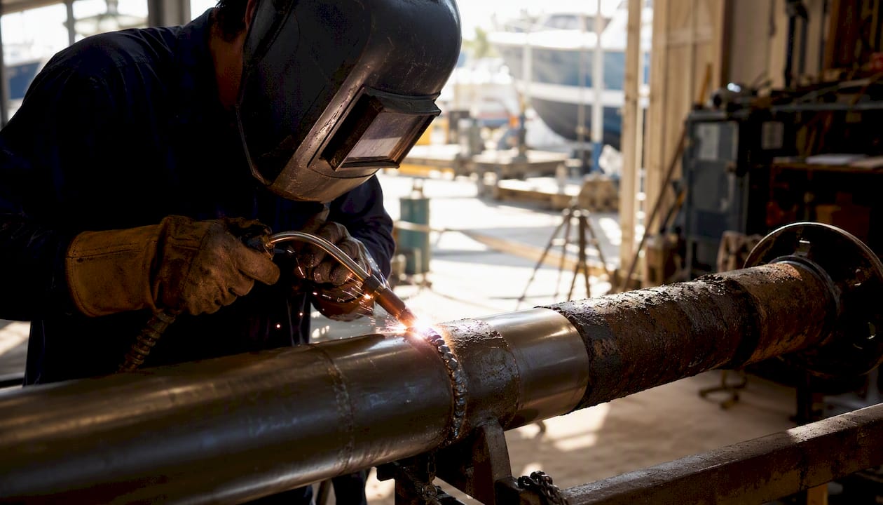 Welder applying weld build-up on rudder stock