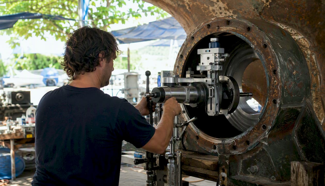 Line boring machine repairing rudder bearing housing