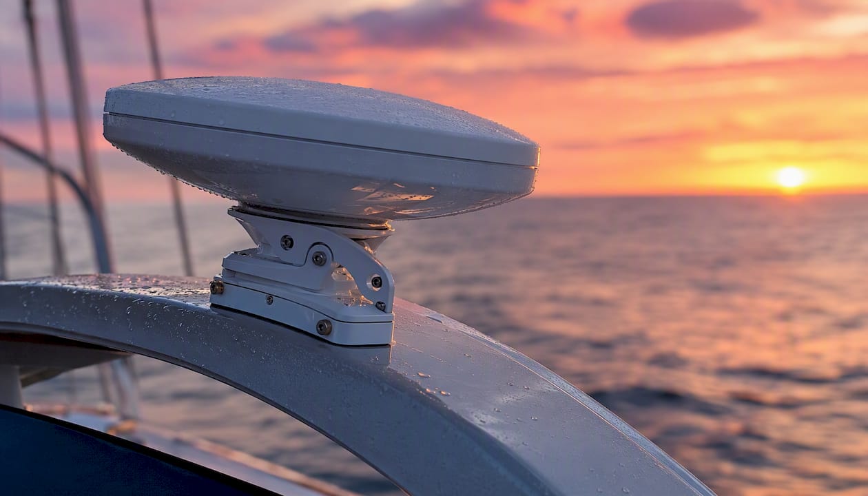 Marine satellite antenna on yacht radar arch