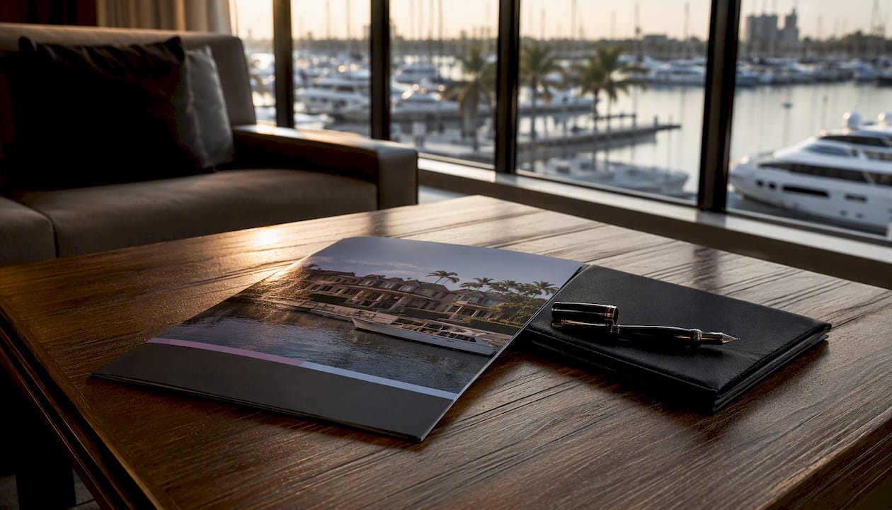 Desk with map and pen for exclusive listings