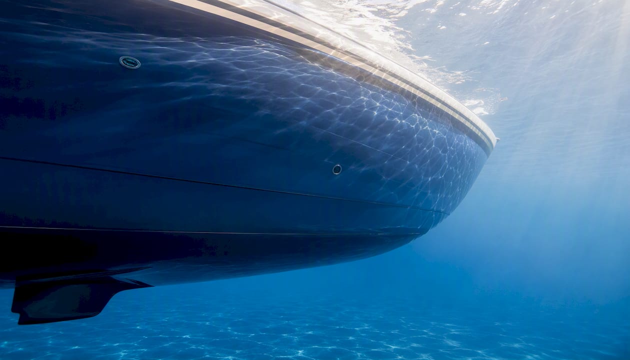 Clean foul-release coated hull underwater