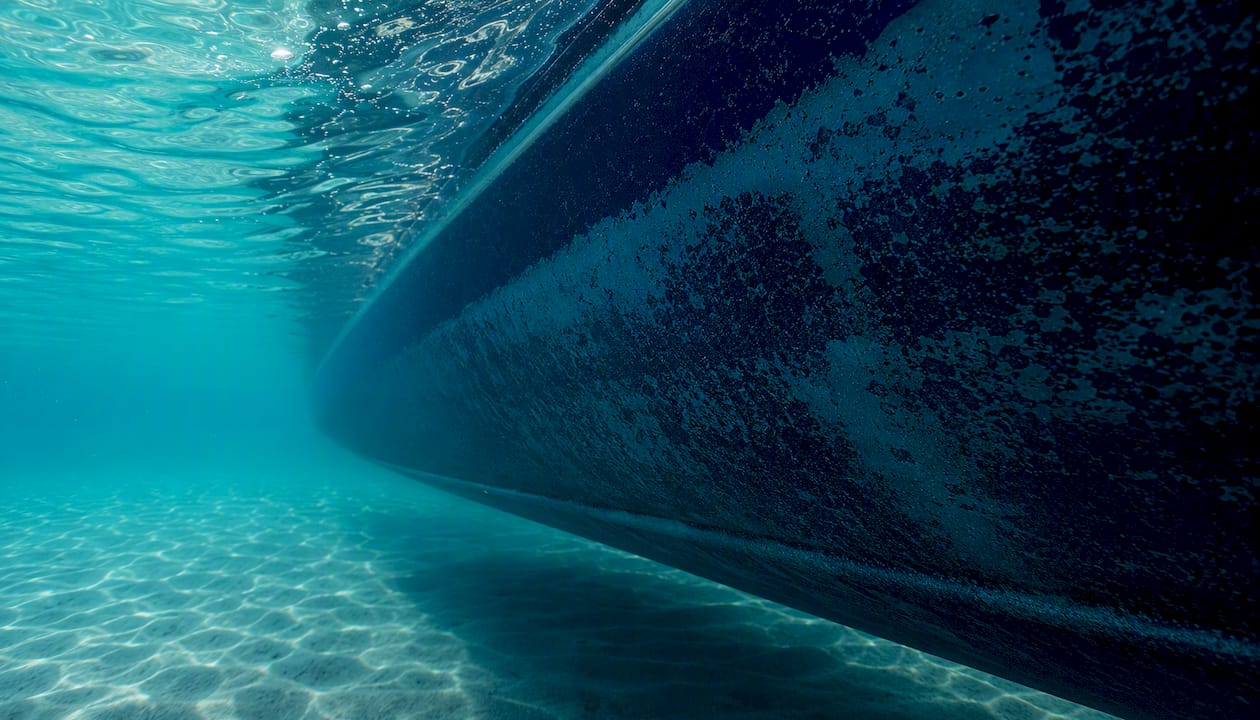 Close-up of ablative paint erosion underwater