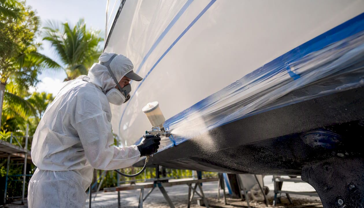 Technician spraying bottom paint in boatyard