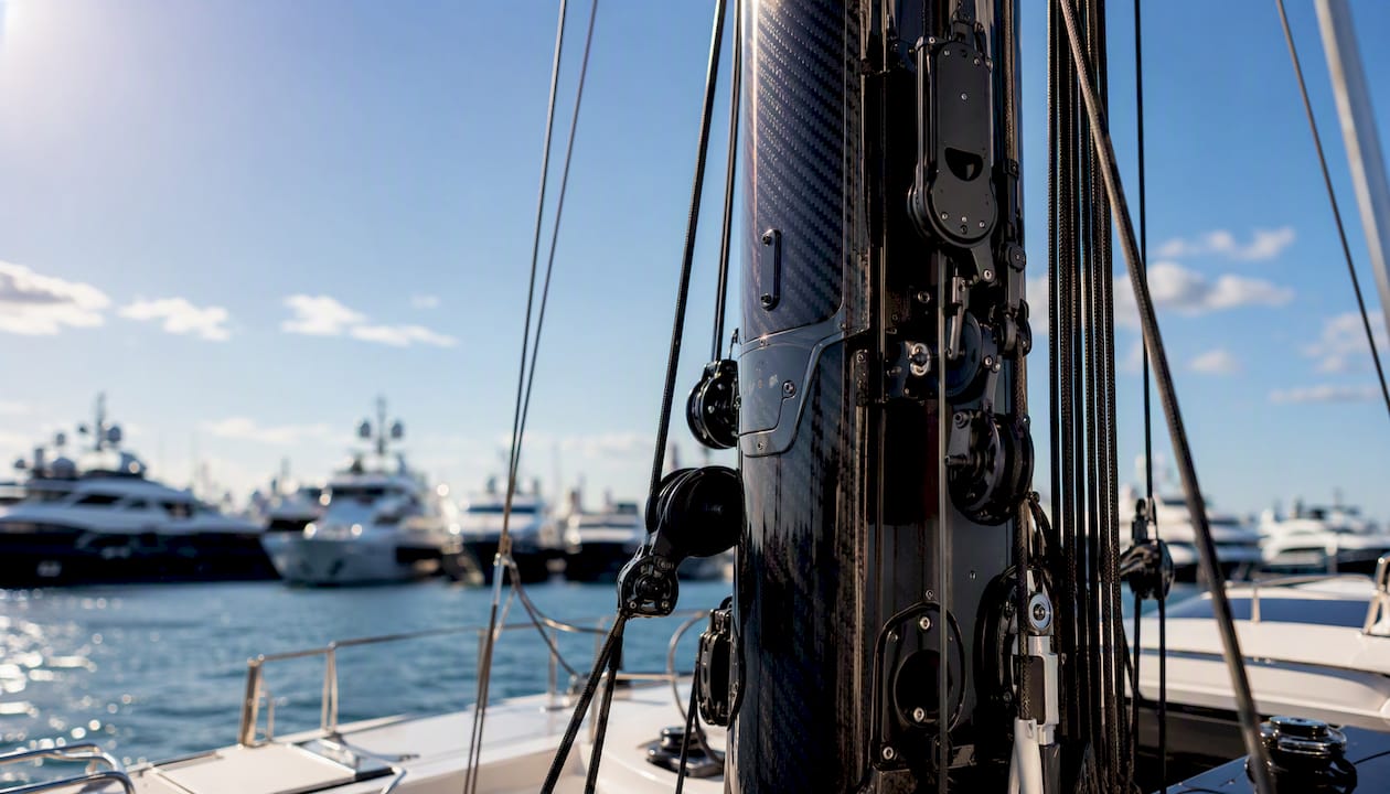 Rotating carbon-fiber mast detail on motor yacht