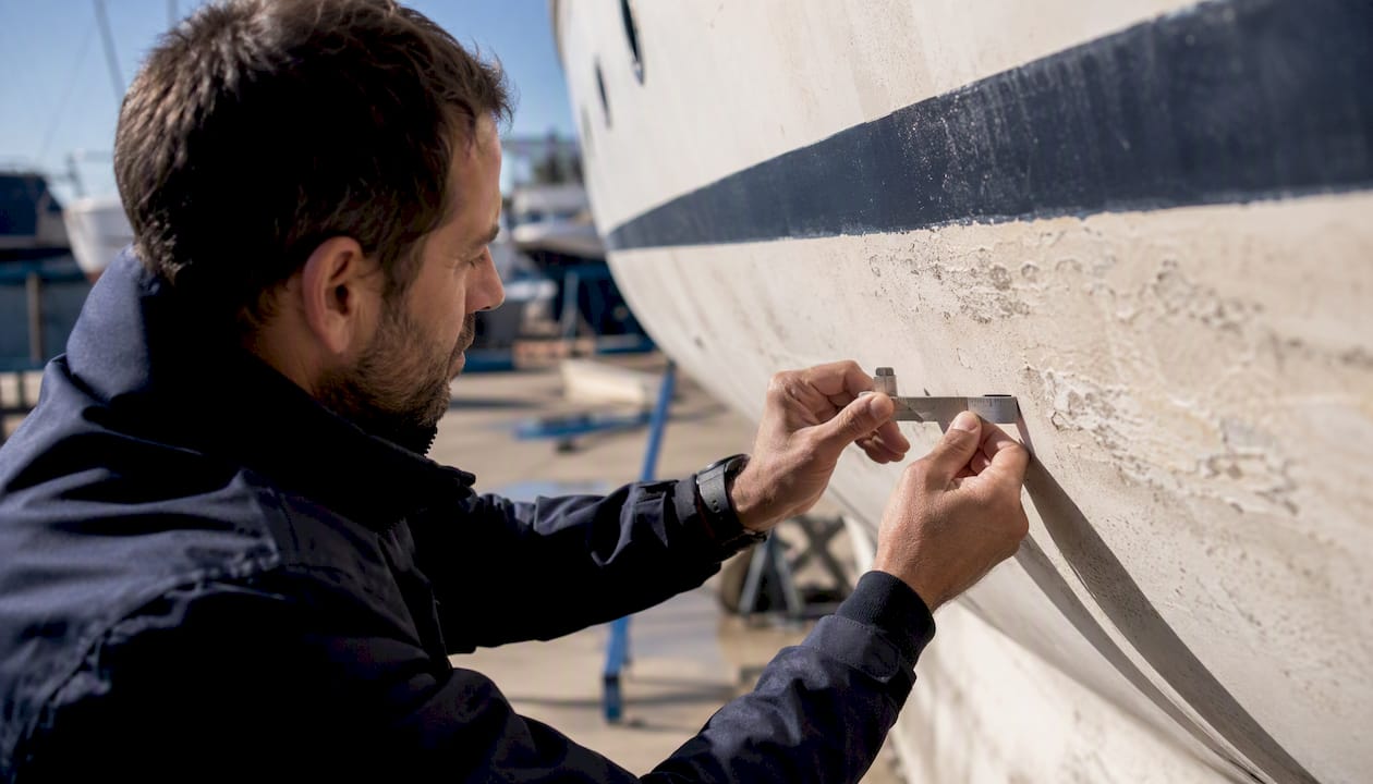 Hands inspecting yacht hull at shipyard
