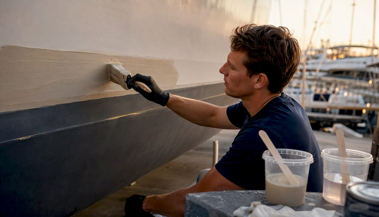 Hands brushing epoxy barrier coat on yacht hull