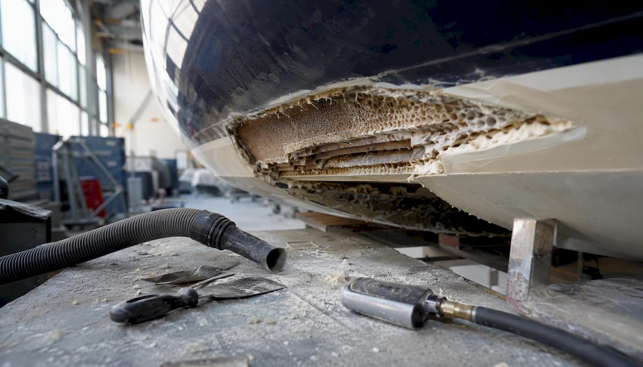 Exposed cored hull layers with delamination damage