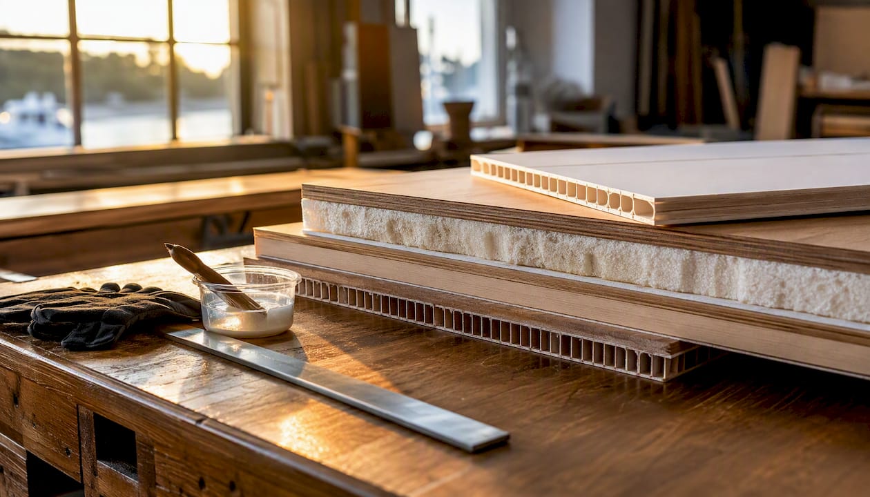 Marine plywood, foam and balsa core samples on workbench