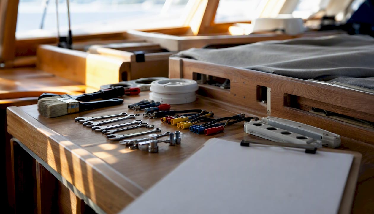 Yacht refit tools and parts on workbench