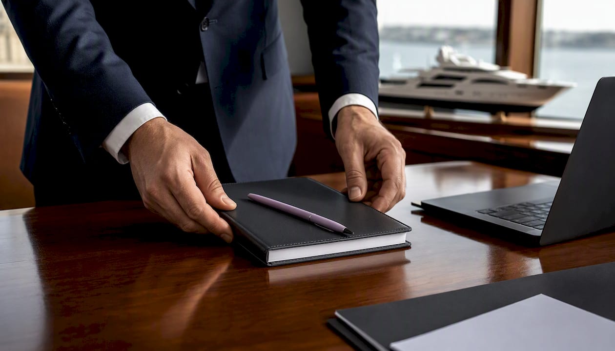 Broker arranging client notes on elegant desk