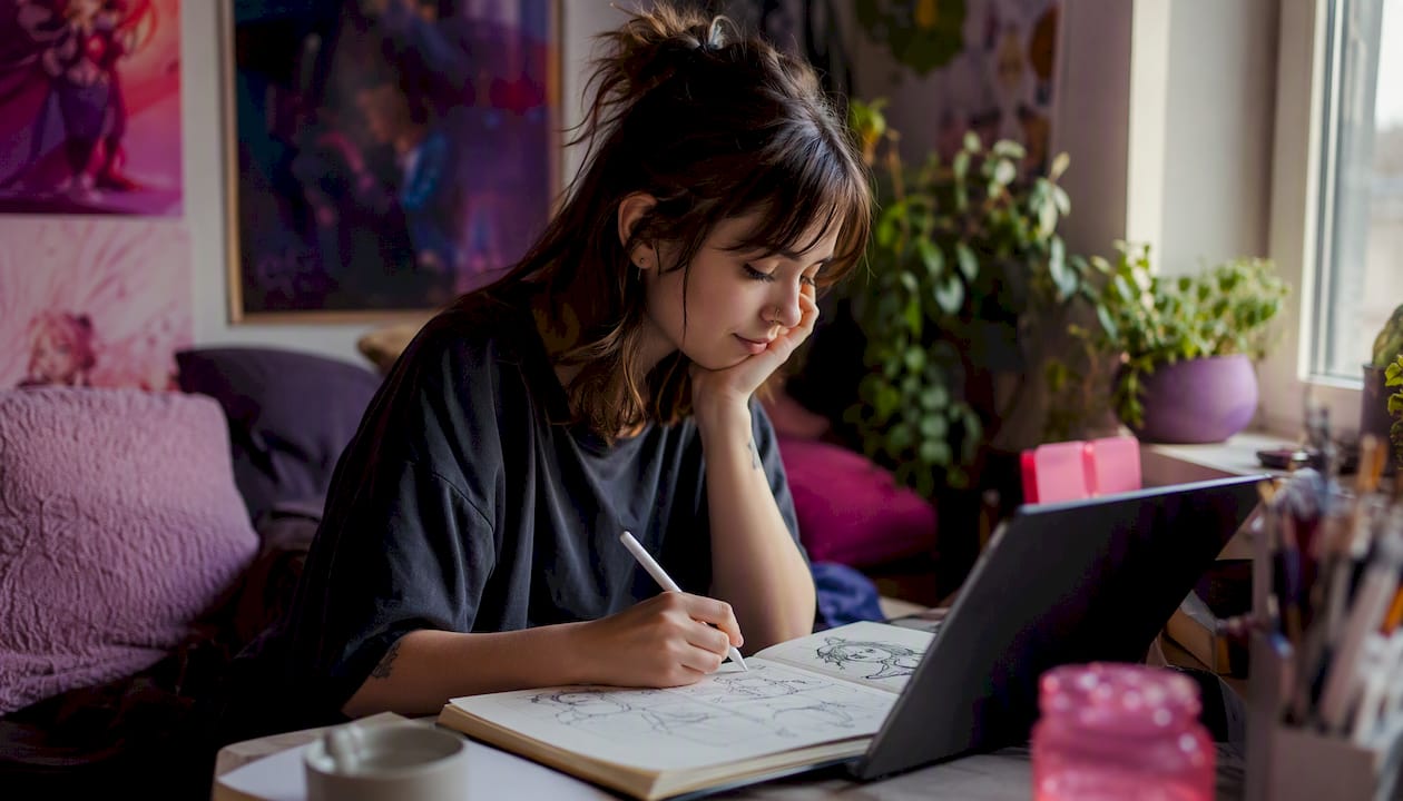 Woman writing AI selfie prompt notes